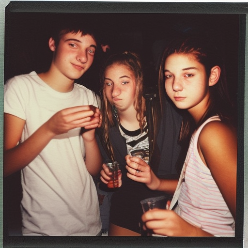 Teenagers smoking at a basement party, early 2000s, flash photography, polaroid