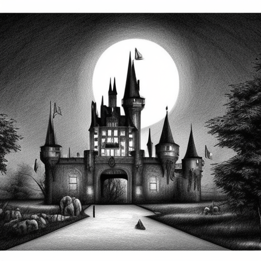  castle black and white pencil illustration high quality Dark fantasy 