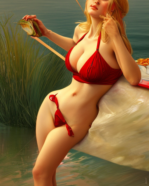 Portrait of a blonde woman wearing a green & red bikini cooking sardines in Porto,real life skin, intricate, elegant, highly detailed, artstation, concept art, smooth, sharp focus, art by artgerm and greg rutkowski and alphonse mucha