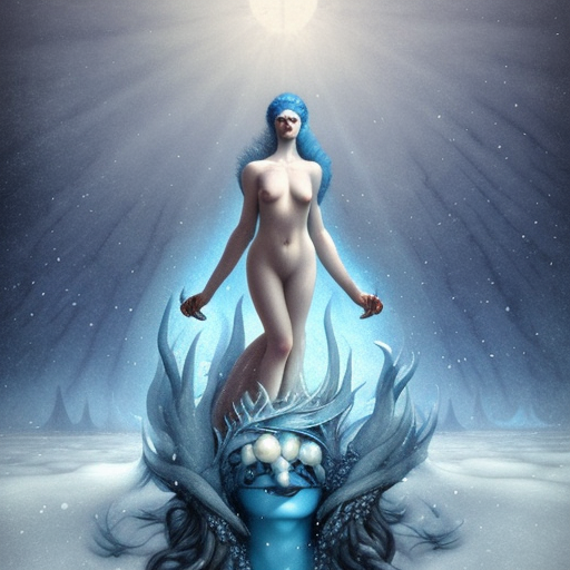 a hyperrealistic illustration of a monster in the Arctic, snow on the monsters body, blue transparent ice with fractal sunlight, award-winning, masterpiece, in the style of Tom Bagshaw, Cedric Peyravernay, Peter Mohrbacher