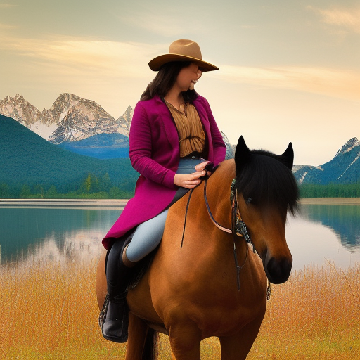 Create a photorealistic image of a woman on a horse, wearing a hat. Her face should be an exact replica of the original photo. The background should be a natural landscape, perhaps mountains in the background or a tranquil lake. The lighting should be warm and golden, as if it were near sunset. The colors should be rich and detailed, with the woman and the horse in natural tones and the background in beautiful shades of green and blue. The composition should be done with a high-resolution camera, perhaps a 50mm lens for a more intimate feel. --ar 16:9 --v 5.1 --style raw --q 2 --s 750