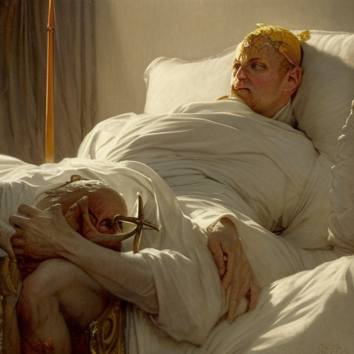 the pope is in his bed, nervous and terrified, because a double horned shadow demon from hell lingers across the bed. highly detailed painting by gaston bussiere, j. c. leyendecker, greg rutkowski, craig mullins 8 k