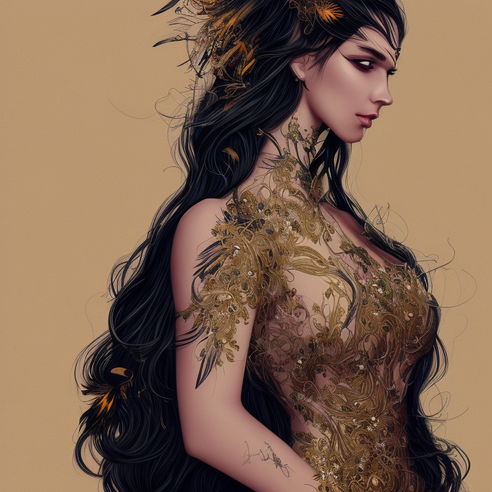 A portrait of an attractive young female, beautiful long flowered hair, wearing a dress of black golden feathers, intricate, highly detailed, elegant, digital painting, trending on artstation