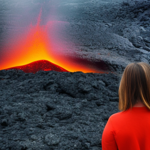 girl inside volcano, lava, red clouds, photorealistic