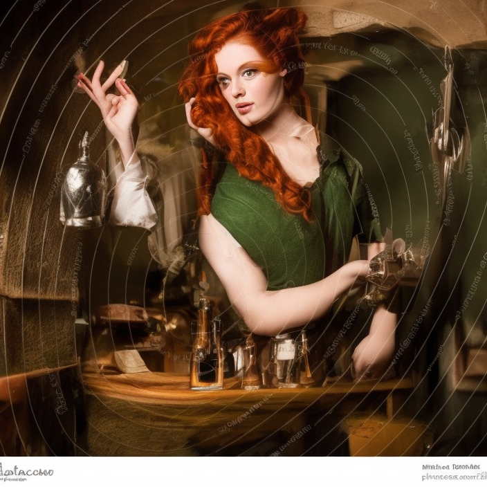 beautiful bar maid with auburn hair and green eyes, in a medieval tavern at night, dramatic, cinematic, filmic