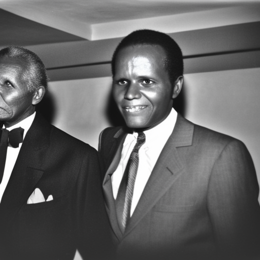 Two men, Sidney Poitier, in gray suit and Fritz Fanon, wearing a black suit, in a seaside bar In Kingston, Jamaica, vintage color polaroid, by Andy Warhol ultra-realistic portrait cinematic lighting 80mm lens, 8k, photography bokeh