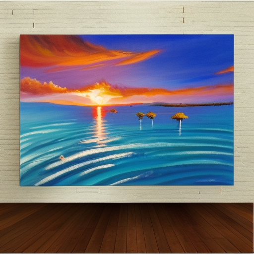 Create an image of a majestic landscape featuring a picturesque sunset with warm, golden light illuminating the sky.The background should also feature a body of water, such as a lake or ocean, with gentle waves lapping at the shore. oil painting on canvas