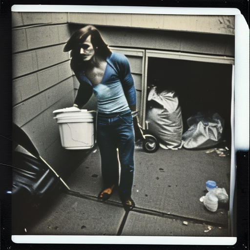 A polaroid photo of Joe Dallesandro and Holly Woodlawn looking through trash in an alley in Trash movie 1970
