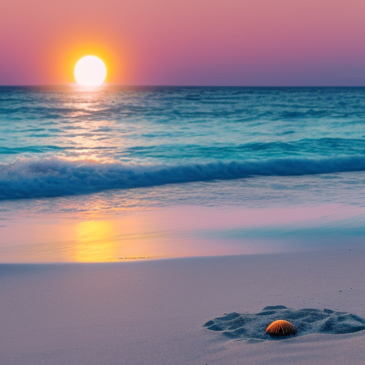 Create an image of a beautiful beach scene, with crystal clear water and white sand, including a sea turle on the foreground, with a breathtaking sunset in the background. ultra-realistic, cinematic lighting 80mm lens, 8k, photography bokeh, 