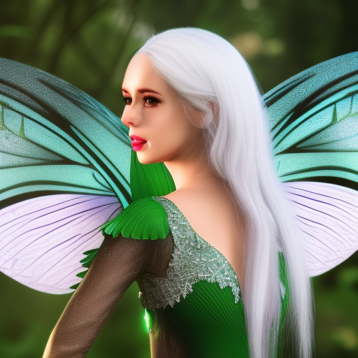 fairy with white hair, green dress, crystal wing, magic forest, masterpiece, intricate, wallpaper, 4k, concept art, realistic, ultra-realistic portrait cinematic lighting 80mm lens, 8k, photography bokeh