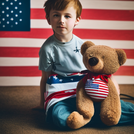 boy with an american flag and teddy bear ultra-realistic portrait cinematic lighting 80mm lens, 8k, photography bokeh