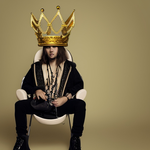 a man sitting in a chair with a crown on his head, a poster, by Mac Conner, promotional photoshoot, with a bewitching voice, orelsan, pompadour, lying on an empty, roman toga, full photo, editorial photo from magazine, discord profile picture, website, caesar