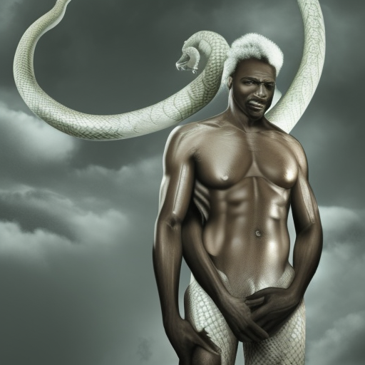 hyperrealisafrican american adam and eve , serpent , drak clouds , defined features, Perfect cinematic lighting, Unreal Engine 5, Cinematic, Color correction, Editorial photography, Photography, Photo shoot, Shot on a 70 mm lens, depth of field, DOF, Tilt blur, shutter speed 1/1000, F/22, White Balance, 32k, Super Resolution, Megapixel, ProPhoto RGB, VR, tall, epic, artgerm, Alex Ross stylem