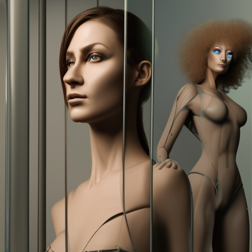 a extremely realistic digital image of a stunning woman imprisoned in a four-dimensional glass box, with extremely realistic lifelike robots watching over her, by Andrea Chiampo, artstation and Frederik Heyman, extremely detailed woman, stunning volumetric lighting, hyper realism, fantasy 4k