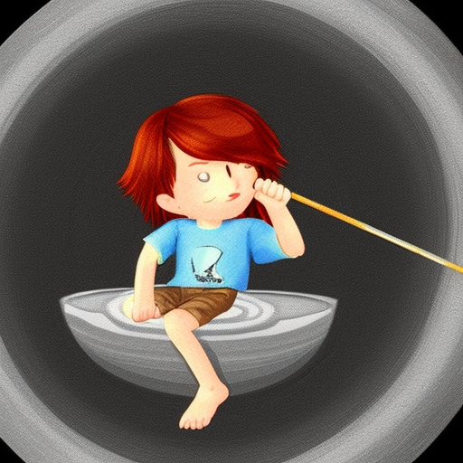Make a digital art of a red-haired boy sitting on some saturn rings, holding a fishing rod, he is fishing for several moons.