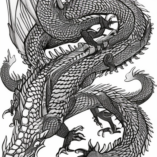 To her surprise, the dragon listened and softened. It turned out that the dragon was not as fierce as it seemed, but had been guarding the treasure to keep it safe. Impressed by Maya's bravery and kindness, the dragon allowed her to take a small piece of the treasure as a reward for her courage.simple and minimalistic style, monochrome, black and white, white background,  steampunk, fine line, lasercut