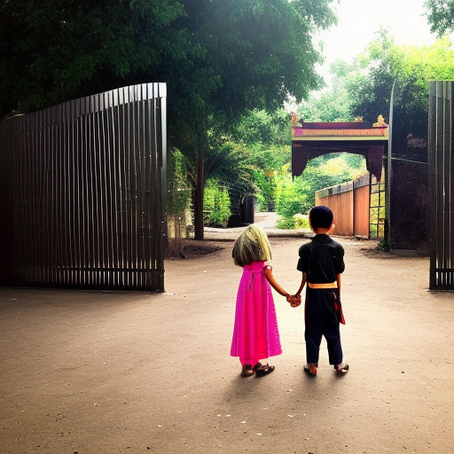 A boy and a girl are standing in front of an entry gate from you back  in journey  when they wait to see surprise