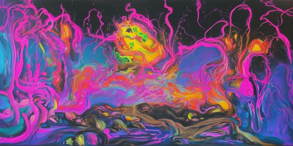 a painting of TG: B.A.N.A.N.E.N.W.E.I.N. (slow wake-up slide) Pause Narrator: Pink lights, rustling and hissing. The whole world is melting. As if he were living in a lava lamp. That's how Thure perceives the world right now. He is a little confused by this and also disoriented. TG: B.AAA. N.AAAAA. N.E.N.Wine (swelling and decongestant) BAAAA BAAaaaa (Wabernd) Narrator: An explosion, noisy cacophony, then a puff and finally... just too aggressive rest 