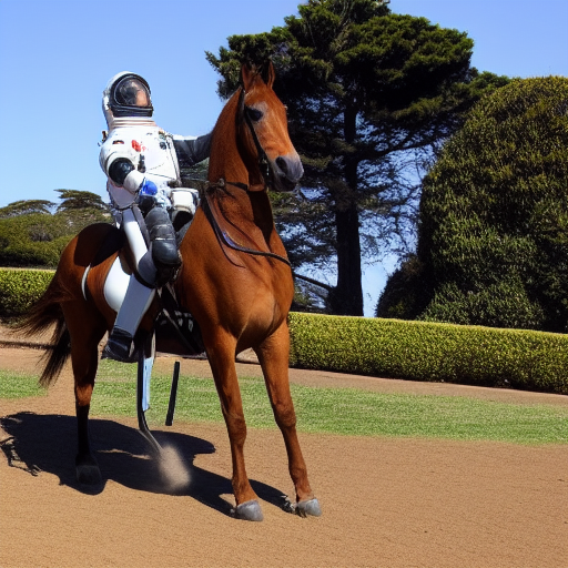 a horse sat, saddled, on horseback, an astronaut and rides him into space, in golden gate park