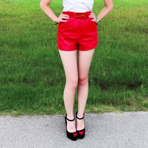 Short red hair woman beautiful body red lips black shorts high heels kisses a red flower 