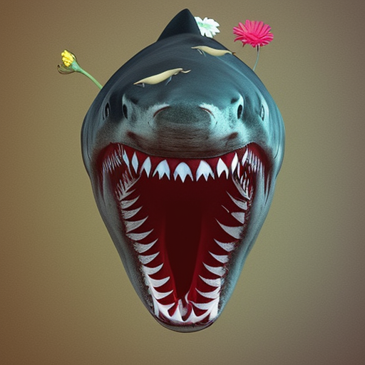shark with flowers in his mouth