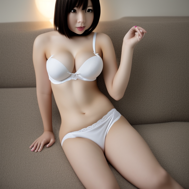 photo realistic, bubbly girl, voluptuous breasts, thin legs, white lingerie underwear, cute japanese face, long hair
