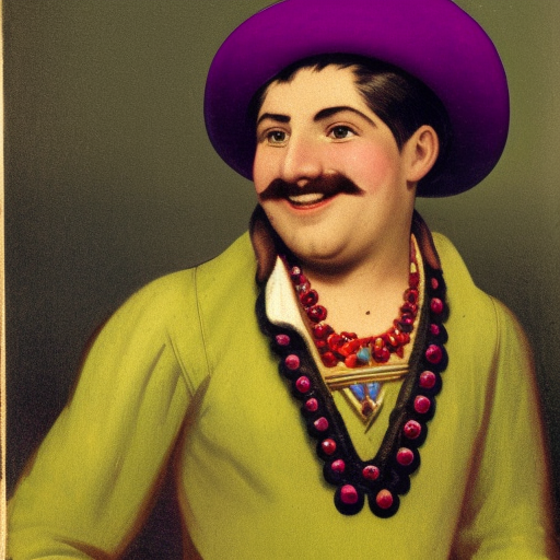 smooth-haired merchant, big cheeks, mischievous smile, bulging eyes, red shoulder-length hair, green bowler hat, tribal necklace, purple clothing, yellow shirt, late 19th century, color photo