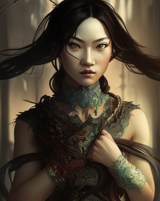 Portrait of a female thief, chinese face features, dark fantasy, intricate, elegant, highly detailed, digital painting, artstation, concept art, smooth, sharp focus, illustration, art by Sam Youn and Fernanda Suarez and Artem Demura and alphonse mucha