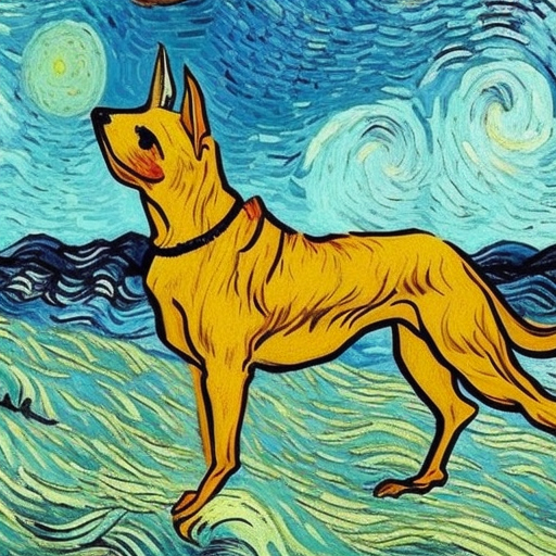 fantasy dog walking on sea in style ofVincent van Gogh