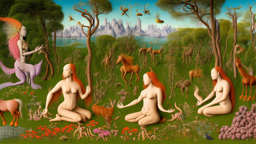photograph of a meditating centaur shaman and a mermaid feeding animals. surrounded by bulbous flowers, animals and a few trees. river delta with dry rocky mountains under a blue sky full of burning stars. painted by jan van eyck, max ernst, ernst haeckel, ernst fuchs and artgerm. trending on artstation, trending on cgsociety