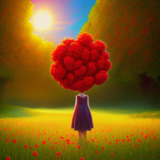 large red flower afro, girl standing in a field with flowers, surreal photography, hills, big trees, sunrise dramatic light, impressionist painting, colorful clouds, digital painting, pointillism, artstation, simon stalenhag