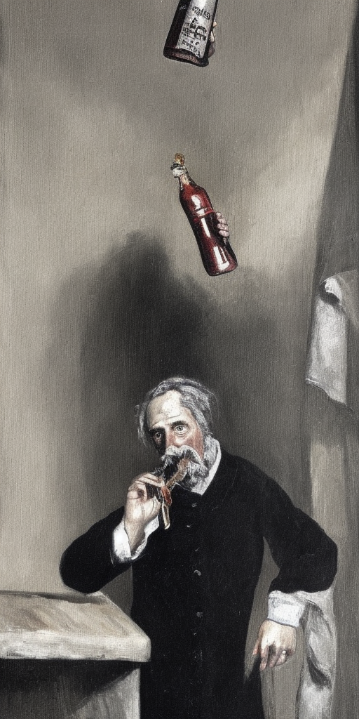 a painting of Friedrich, old drinking and barrier buddy, what's hanging over your head? Is this perhaps the holy ketchup bottle that, in view of your holy fight for the animal packed in your own intestine, will soon pour over you and leave a crusty, fat circle on your incipient baldness for all future times. So that every initiate will recognize at first glance how great your commitment to our freedom is.