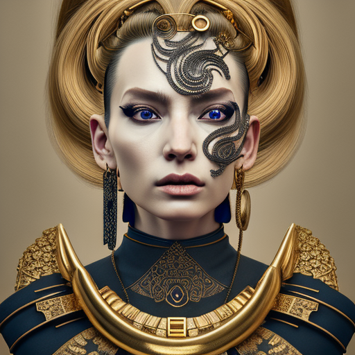Portrait of @evea_helling_ , highly detailed and rendered gold jewelry, digital art, intricate, sharp focus, trending on Artstation, HQ, Unreal Engine 5, 4K UHD image, by Brom, Artgerm, face by Otto Schmidt Ukiyo-e Japanese woodblock