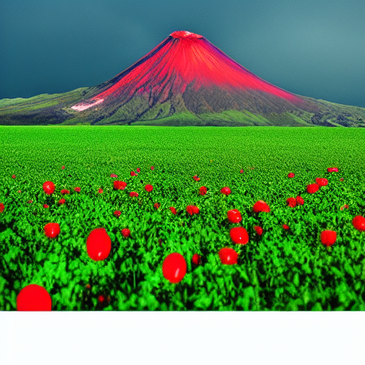 volcano in a green field, lot of balloons, red flowers