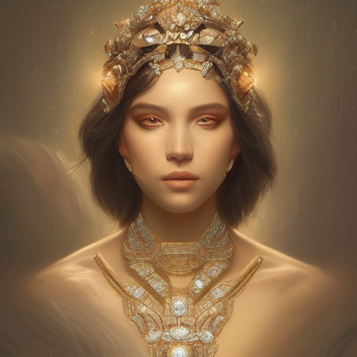 a beautiful portrait of a diamond goddess with glittering skin, a detailed painting by greg rutkowski and raymond swanland, featured on cgsociety, fantasy art, detailed painting, artstation hd, photorealistic