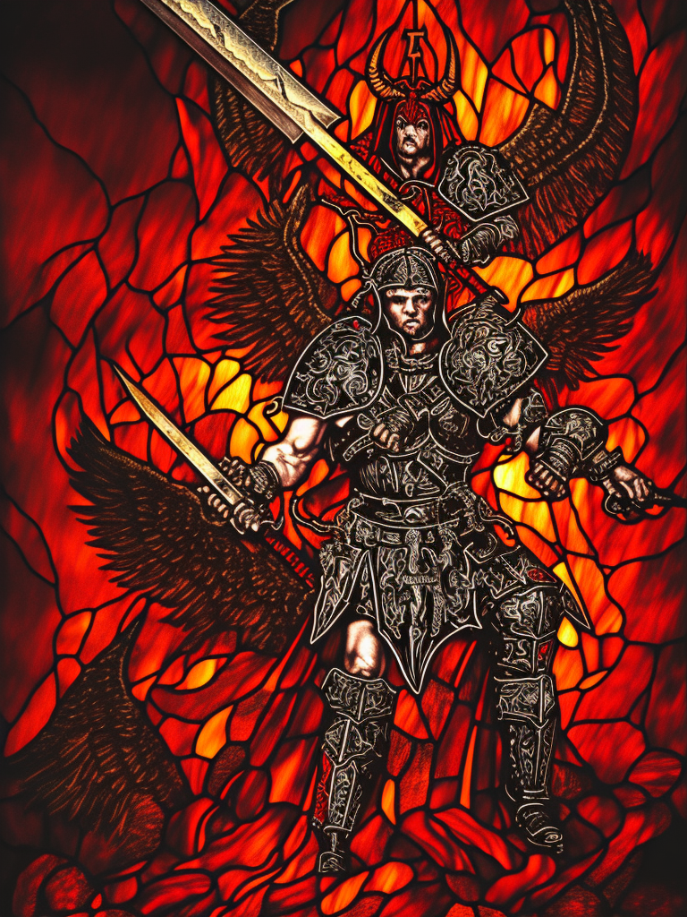 a young aggressive evil satanic triumphant gladiator with a big demonic sword, hellfire on a background, stained glass, Warhammer fantasy, black and red, grim-dark, detailed