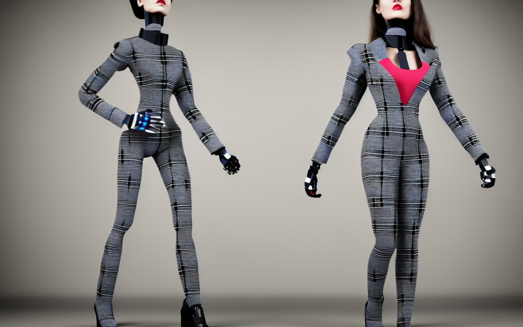 very realistic full body fashion model dressed in robotic plaid suit shaped to her body
