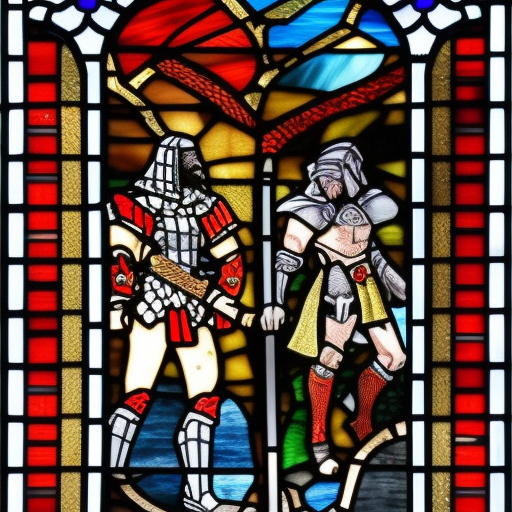 dark medieval, duel between evil and good gladiator, Warhammer fantasy, intricate stained glass, black and red, gold and blue, grim-dark, gritty