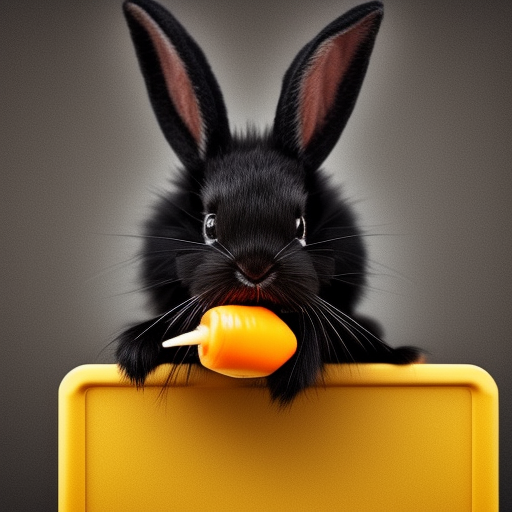 fluffy cute black rabbit eats a carrot on a yellow light background, cinematic, hyperrealistic