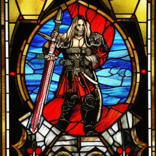 a young evil satanic triumphant gladiator with a big demonic sword, Warhammer fantasy, stained glass, black and red, gold and blue, grim-dark, detailed