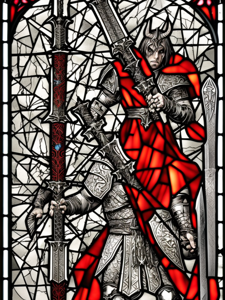 a young evil satanic triumphant gladiator with a big demonic sword, Warhammer fantasy, stained glass, black and red, grim-dark, detailed