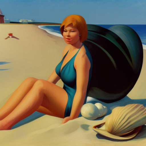 sexy female in swimsuit at the beach, edward hopper, some shells in the sand, a sailor in the background
