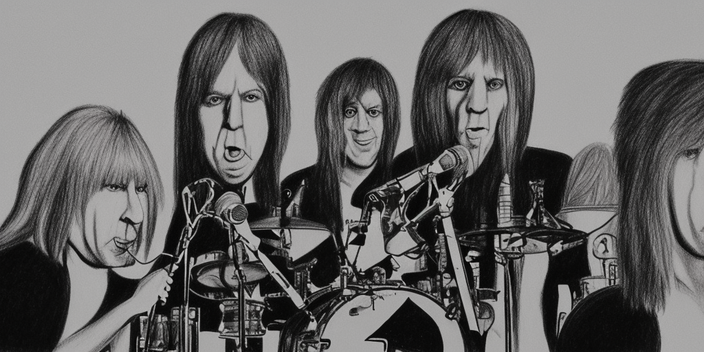 a drawing of a living Microphone with an face on the stage with the Band Spinal Tap