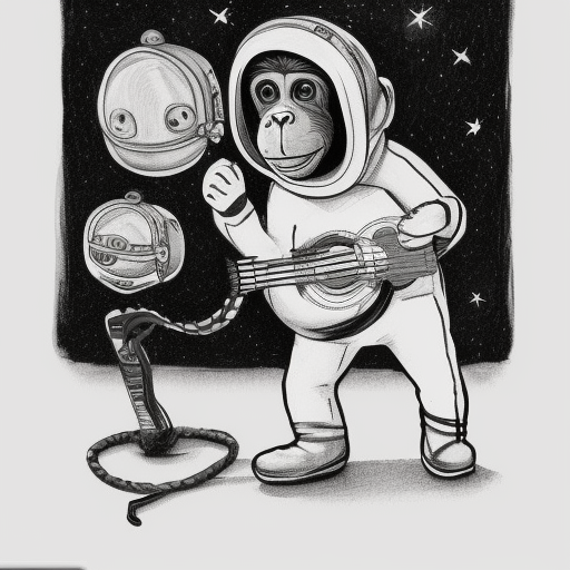 monkey playing guitar, with astronaut helmet black and white pencil illustration high quality