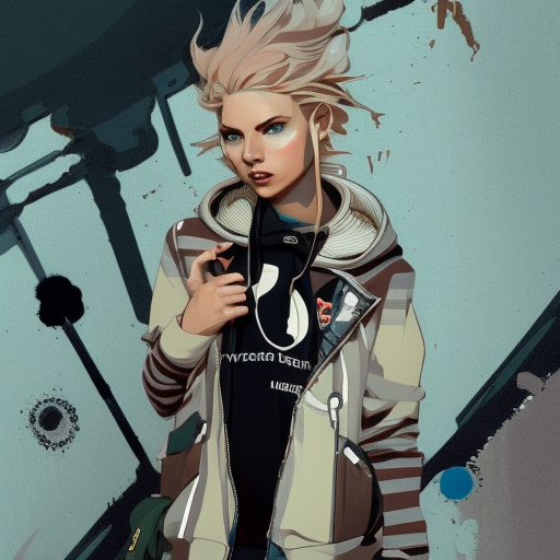 highly detailed portrait of a sewer punk lady, tartan hoody, blonde ringlet hair by atey ghailan, by greg rutkowski, by greg tocchini, by james gilleard, by joe fenton, by kaethe butcher, gradient blue, black, blonde cream and white color scheme, grunge aesthetic graffiti tag wall background
