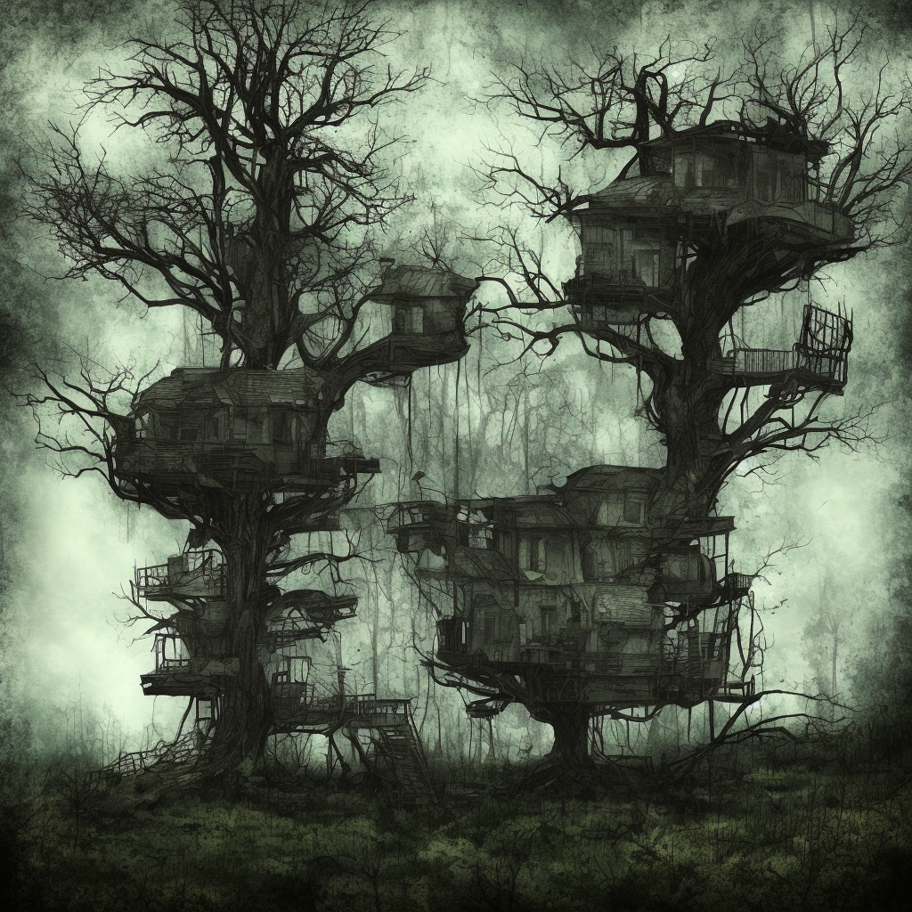 tree house, post - apocalyptic, dark fantasy, liminal space, dark paradise, digital art
