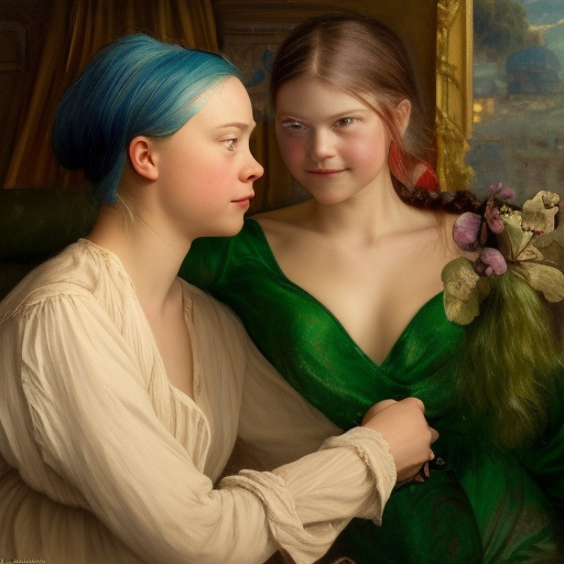 Greta Thunberg with Green hair flirting with her attractive mistress. the mistress is also flirting back, the mistress is not wearing clothes highly detailed painting by gaston bussiere, craig mullins, j. c. leyendecker oil painting on canvas ultra-realistic portrait cinematic lighting 80mm lens, 8k, photography bokeh