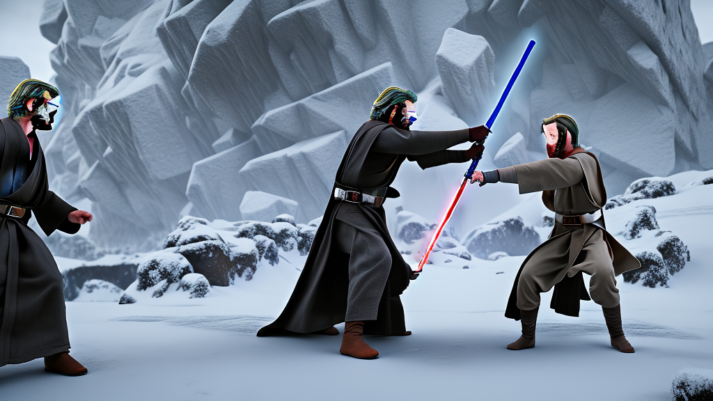 photo realistic anakin skywalker and obi wan kenobi engaging in an epic duel, snow covered cliffside, epic, fantasy artwork, intense, cinematic, raytracing, dynamic lighting, 4 k