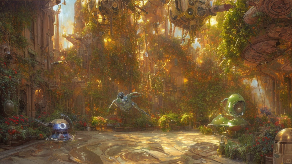 an oil painting by donato giancola, warm coloured, cinematic scifi luxurious futuristic biomechanical victorian garden courtyard with bulbous alien floral fungi, beeple, halo, star wars, ilm, star citizen, halo, mass effect, artstation