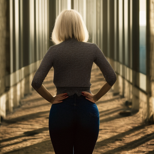 a blonde adult woman with thin skin seen from behind, thin back and wide hips nkd ultra-realistic portrait cinematic lighting 80mm lens, 8k, photography bokeh